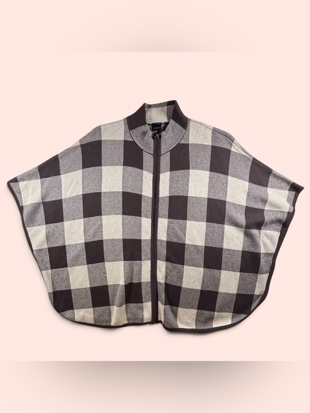 Rafaella Womenโs L Brown Cream Buffalo Plaid Zip Knit Poncho Cape Sweater